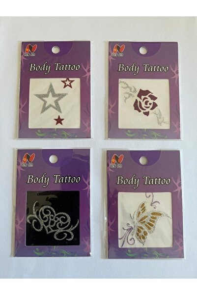 Airbrush Tattoo Işıltılı Yapıştırma Dövmeler 4 Adet Birden Yıldız Gül Serisi