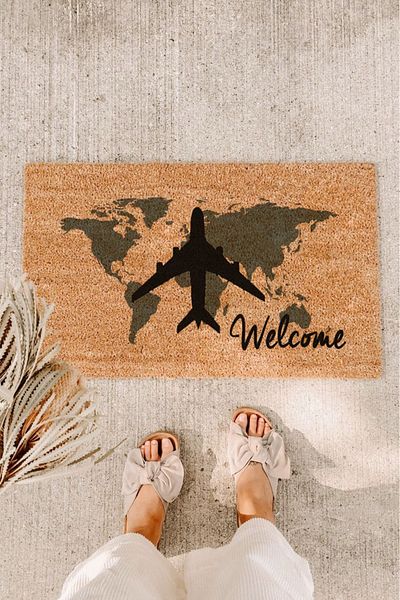 Paspas Yap Airplane and World Map Designed Door Mat Koko Mat Bristle Mat Exterior Door Mat