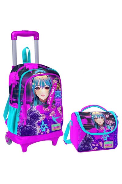 Coral High Set de geantă și prânz pentru școală cu model de pisică anime, violet și roz - pentru fete