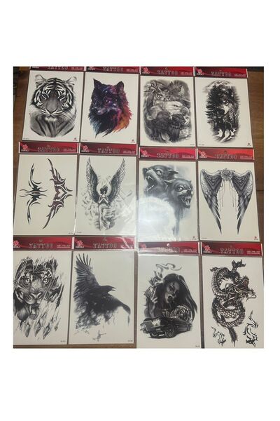 Airbrush Tattoo 12 Adet Büyük Boy Yapıştırma Geçici dövme Seti Seri7