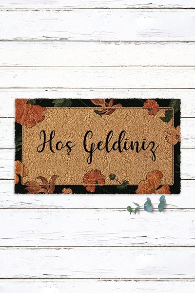 Paspas Yap Dark Green Framed Floral Welcome Written Doormat Koko Mat Apartment Entrance Mat