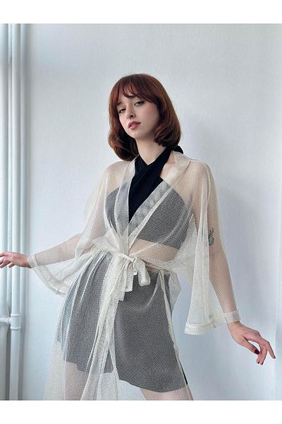 Retrobird Shiny Mesh Fabric Long Kimono Women's Cream Gold