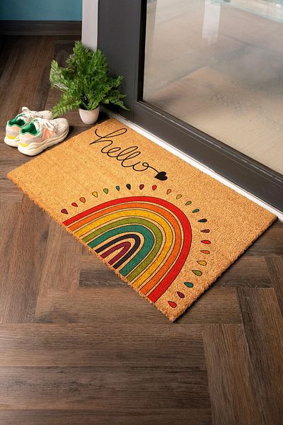 Paspas Yap Hello Written Colorful Rainbow Decorative Door Mat Koko Mat Bristle Mat Decorative Mat