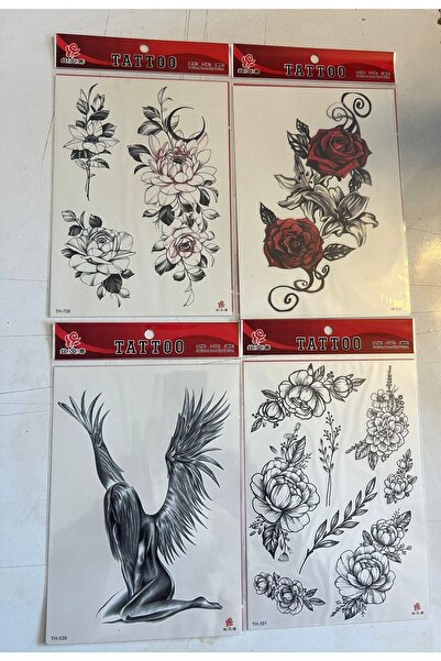 Airbrush Tattoo Büyük Boy Yapıştırma Dövme Geçici Dövme Seti 4 Adet Birden Mo...