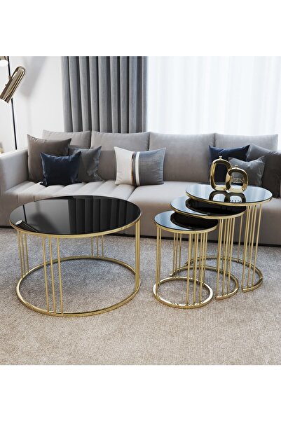 Nies Aksesuar Elzey 4’lü Gold Zigon Ve Orta Sehpa Siyah Kırılmaz Cam