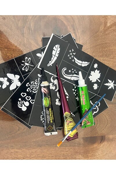 Airbrush Tattoo 12 Sayfa Şablon Siyah, Kırmızı ve Doğal kına Rengi 3 Tüp kına
