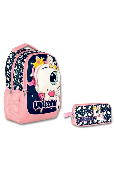 ÜMİT ÇANTA Cennec Girl's Unicorn Patterned Primary School Bag and Pen Holder Set - Navy Blue/Pink, 3 Sizes