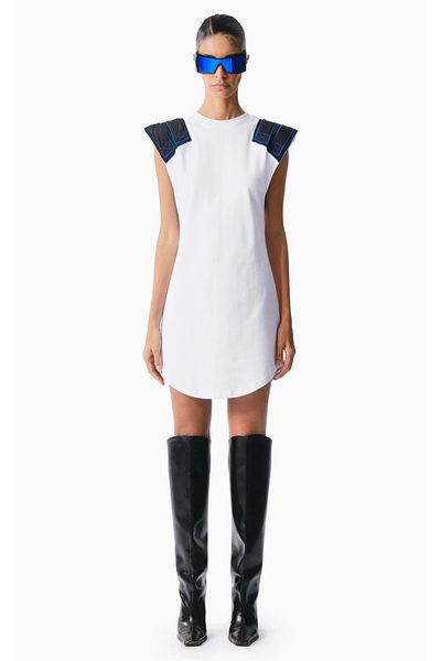 KNTLGY Black Crew Neck Sleeveless Mini Dress - Shoulder and White Taffeta