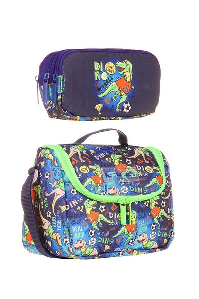 KAUKKO Boy's Green Blue Dinosaur Patterned Thermal Insulated Lunch Box and Pen Holder Set