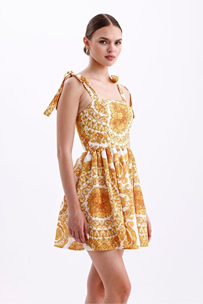 Tangül&Ali'S Moda Evi Sarı Desenli Keten Mini Elbise