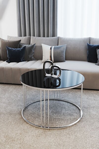 Nies Aksesuar Elzey Gümüş Orta Sehpa Gümüş Ayak Siyah Kırılmaz Cam