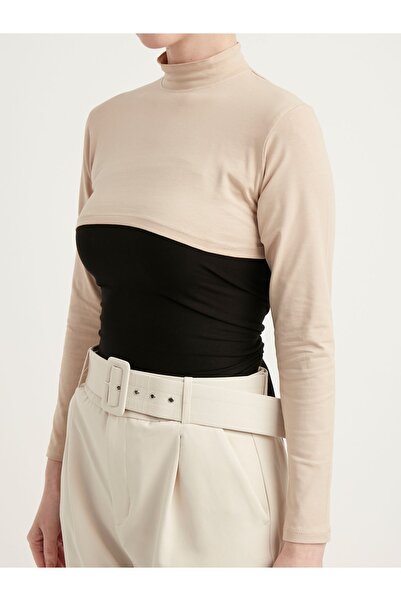 Schaless Beige Turtleneck Long Sleeve Cotton Bodysuit