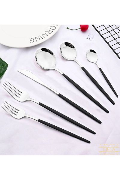 Ciela Korean Model 36 Pieces Black Silver Simple Luxury Fork Spoon Knife Set Stainless Steel Round Jumbo Model