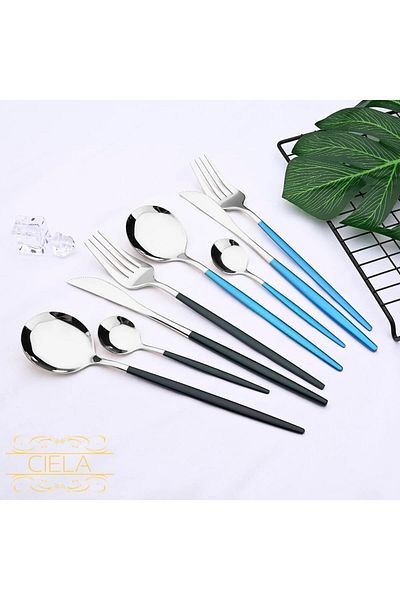 Ciela Korean Model 36 Pieces Black Silver Simple Luxury Fork Spoon Knife Set Stainless Steel Round Jumbo Model