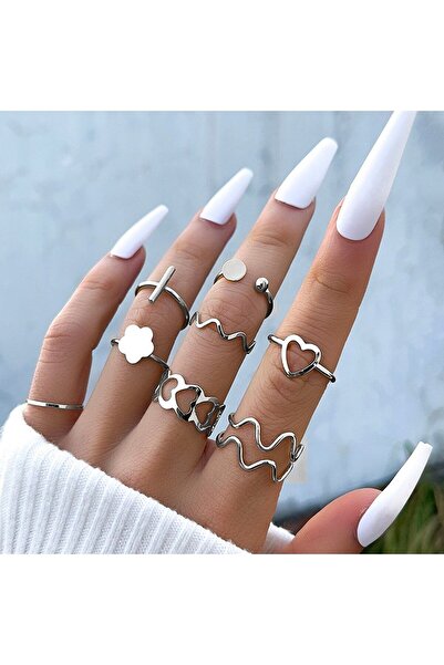 Ervalina 9'lu Kalp Figürlü Tasarım Yüzük Set 1531 Gümüş Rengi (4 ADEDİ AYARLA...