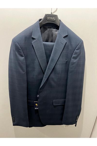 SÜVARİ Navy Blue Plaid Patterned Slim Fit Vest Suit