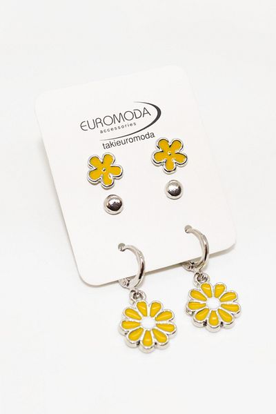 EUROMODA Colorful Daisy and Flower Patterned Ball Earrings Set of 3