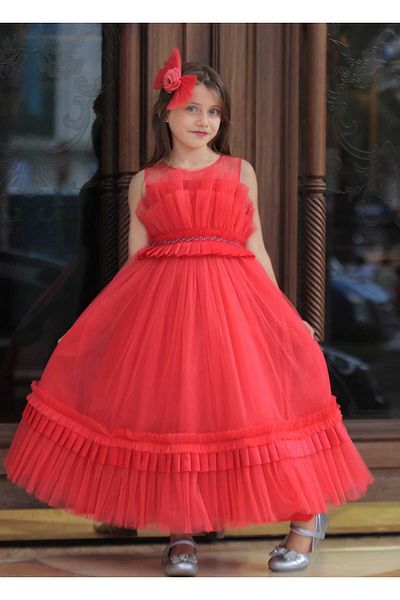 MİSS RAİN long Tulle Girls' Evening Dress - with layered Pleated Detail and Accessory Gift