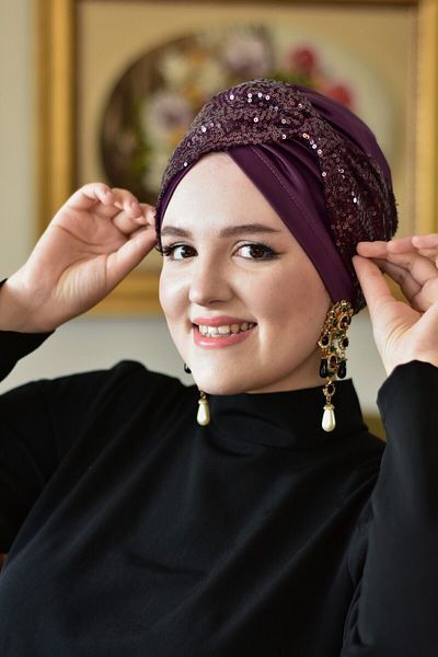ARTİZİA Sequin detailed unfilled islamic cap, ready wrap, ready turban
