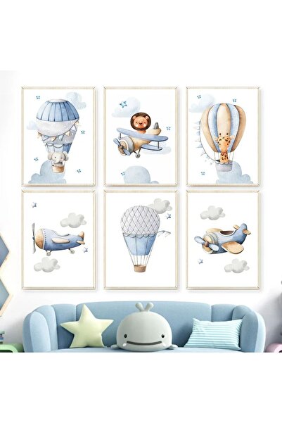 TABLOX Animale drăguțe cu baloane zburătoare în culori pastel, 6 piese, pictură MDF cu aspect de cadru - cameră pentru bebeluși și copii