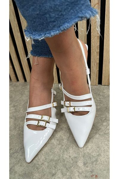 İmerShoes Daily Women's White Patent Leather Buckle Adjustable Belt Pointed Toe Thin Heeled Shoes 44