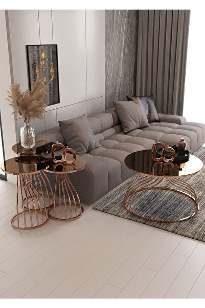 Nies Aksesuar 4'lü Kuğu Zigon Ve Orta Sehpa Bakır Ayak Bronz Ayna