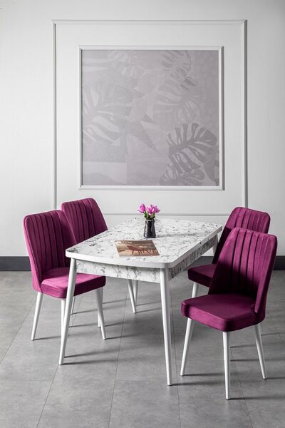 MYMASSA Carrara Mermer Desenli Masa - 4 Polo Sandalye - Ahşap Beyaz Ayak - Ma...