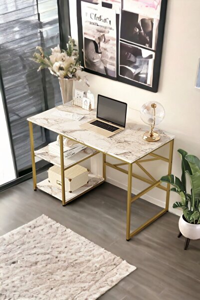 L'occi Concept Arnis Gold Metal Bilgisayar Laptop Çalışma Masası Raflı 120 Cm...