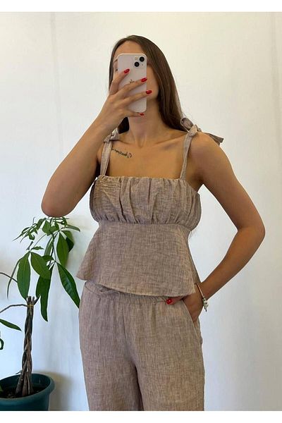 My Blog Kaffeefarbenes Set aus Bluse, Hose und Hemd mit dicken Trägern