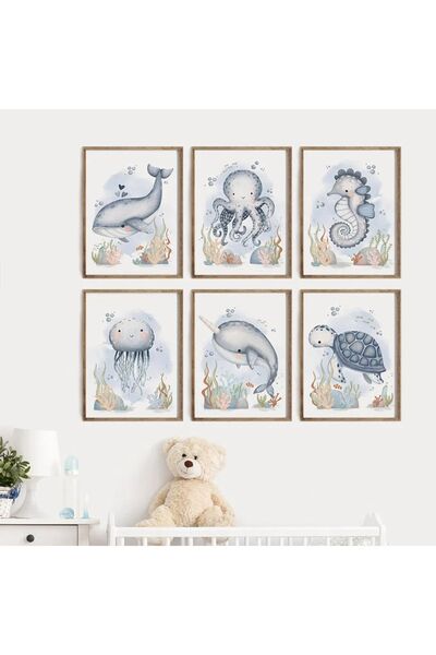 TABLOX Set de pictură MDF cu aspect de cadru cu 6 animale de mare drăguțe - D...