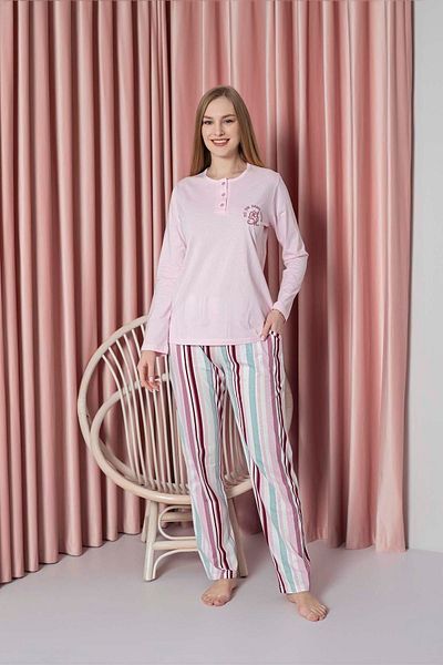 AHENGİM Single Jersey Cotton Pajama Set for Women - Long Sleeve, Striped and Chest Embroidered W20712327