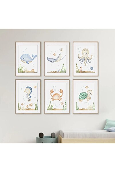 TABLOX Set de pictură MDF modern cu aspect de cadru cu 6 piese cu animale mar...