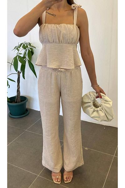 My Blog Ecru Thick Strap Blouse and Trousers Shirt Set