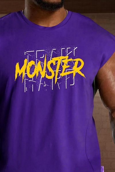 BESSA Men's Heavy Printed Purple Oversize Crew Neck Cotton Sleeveless Sports T-shirt/atlet