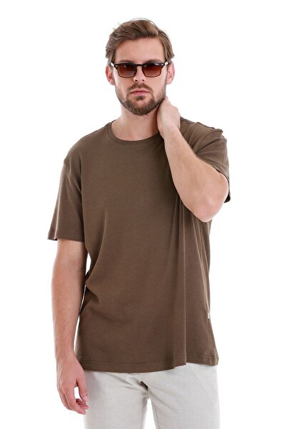 Hatemoğlu Коричнева футболка з прямим кроєм, прямим коміром та льоняним коміром