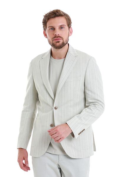 Hatemoğlu Beige Slim Fit Striped Mono Collar Casual Linen Jacket