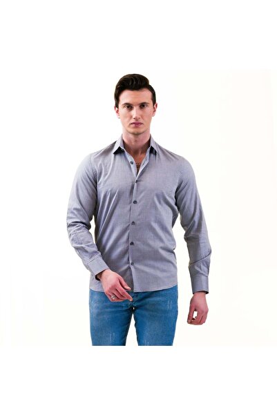 Exve Exclusive Gray Blue Transitional Cotton Oxford Style Slim Fit Long Sleeve Men's Shirt