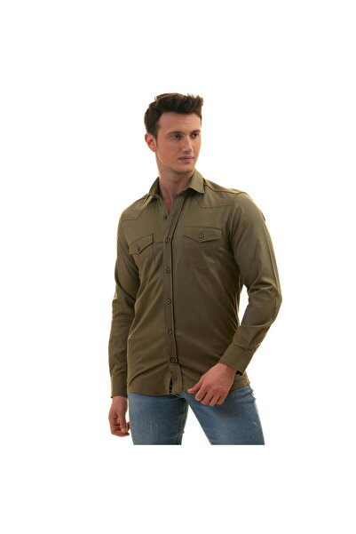 Exve Exclusive Хакі зелена сорочка з двома кишенями, натуральна бавовна, західний стиль, облягаючий крій