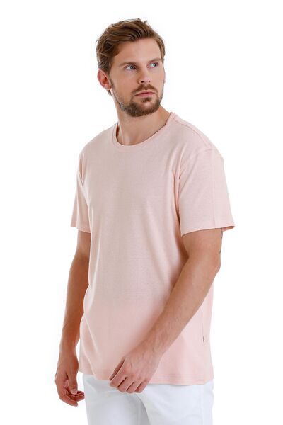 Hatemoğlu Рожева футболка прямого крою з круглим вирізом та коміром-стійкою з льону