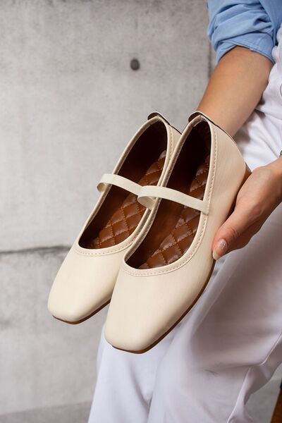 topukludünyası حذاء باليرينا مريح للنساء - ملابس يومية، جلد كريمي