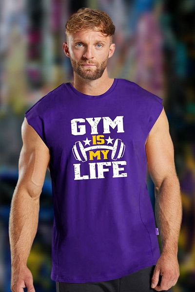 BESSA تي شيرت/تي شيرت رجالي مطبوع عليه صورة Gym Life باللون الأرجواني - رقبة دائرية، قطن، بدون أكمام