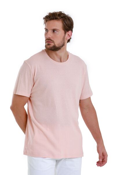 Hatemoğlu Рожева футболка прямого крою з круглим вирізом та коміром-стійкою з льону