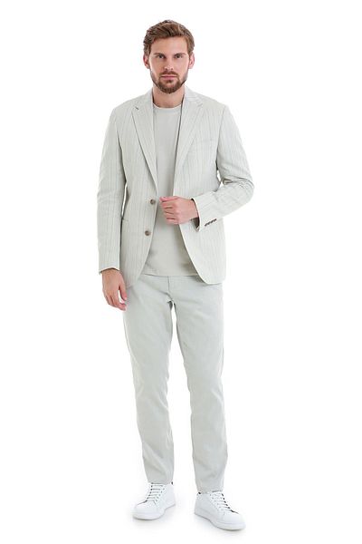 Hatemoğlu Beige Slim Fit Striped Mono Collar Casual Linen Jacket