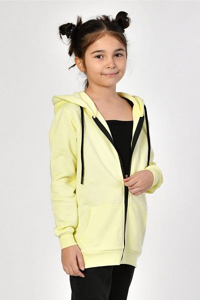 Noori Pocketed, Hooded, Zippered Girl's Sweatshirt - Lemon Yellow