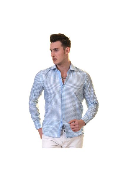 Exve Exclusive Cămașă pentru bărbați, cu mânecă lungă, slim, în cutie de carton, albastru Gingham