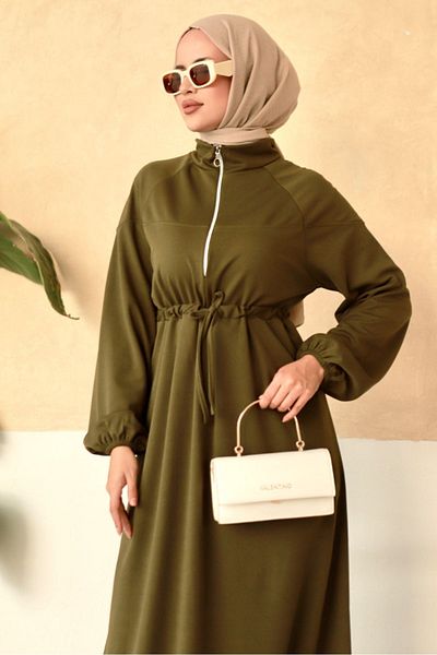 Bestenur Sprinkle Half Zipper Dress 672 - Khaki