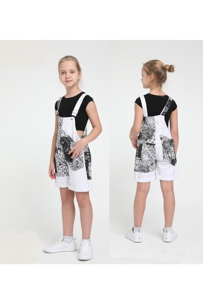 Happy Kids (8-14) Yaş Kız Garson Boy Şortlu Desenli Gabardin Salopet-(siyah-b...