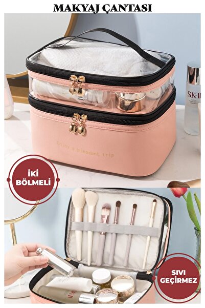 Manken İstanbul Makyaj Malzeme Çantası Çift Bölmeli Seyahat Bakım Organizer Kozmetik Ürün Taşıma Çantası
