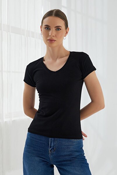 ModaPlaza Γυναικείο κοντομάνικο μπλουζάκι με λαιμόκοψη V 101by010006
