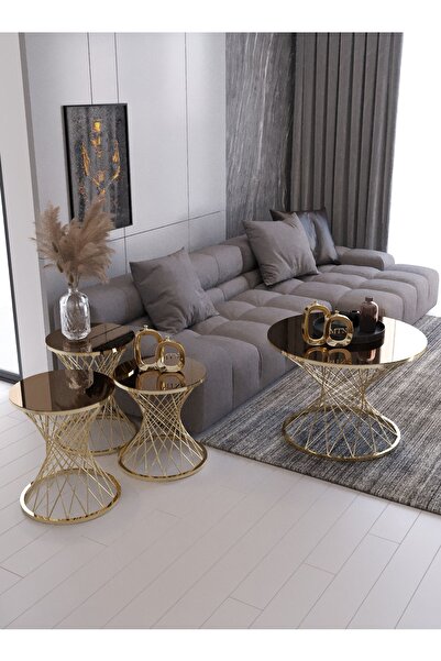 Nies Aksesuar Hasır Telli 4'lü Pota Gold Ayak Bronz Ayna Set